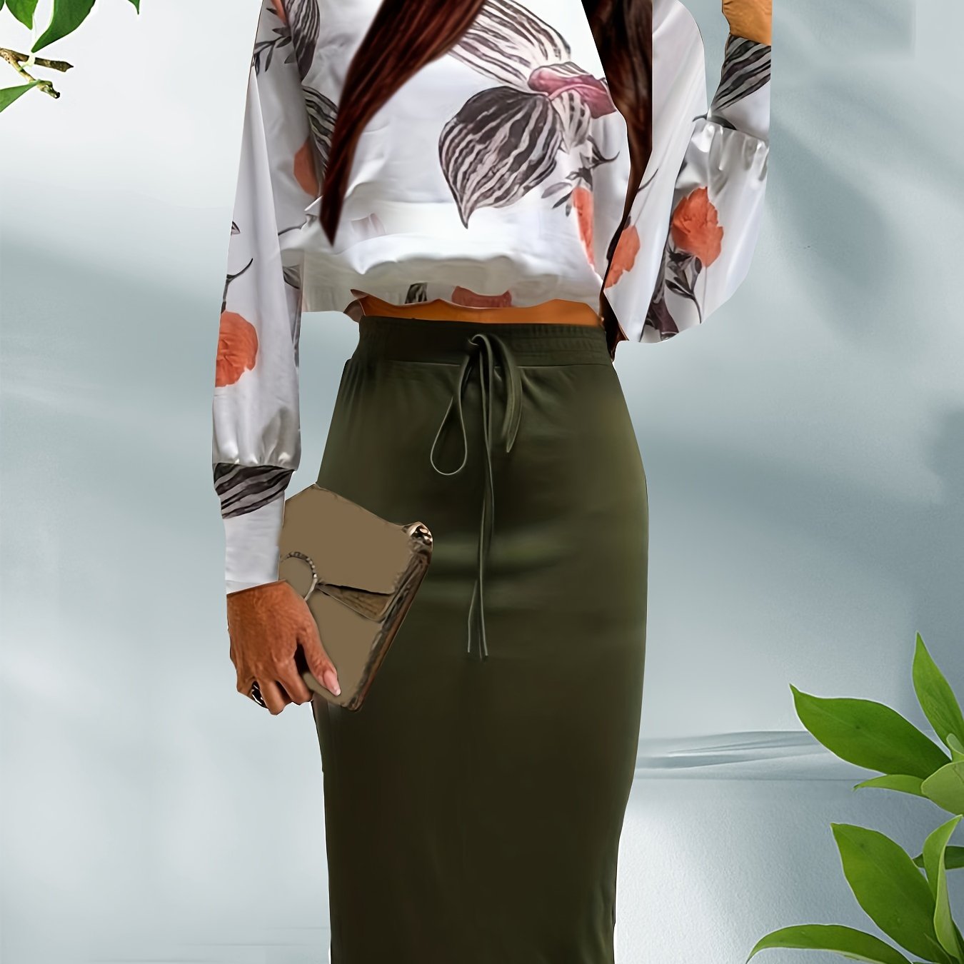Casual Floral Print Long Sleeve Top & Solid Skirt Set Women's Outfit