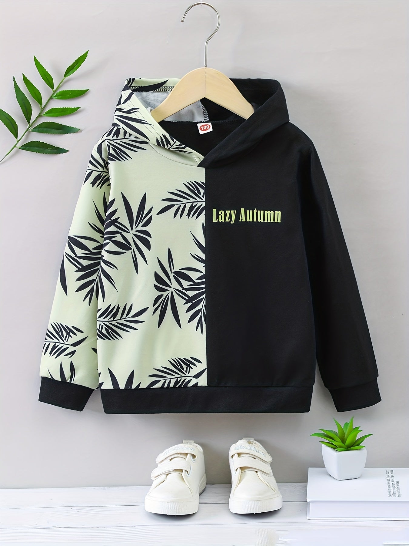 Boy's Plant Print Hoodie Long Sleeve Clash Casual Top