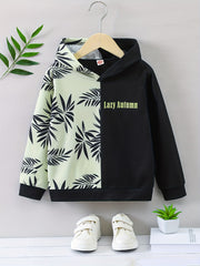 Boy's Plant Print Hoodie Long Sleeve Clash Casual Top