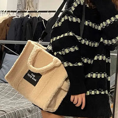 Lambswool Large Tote Bag Faux Fur Shoulder Purse