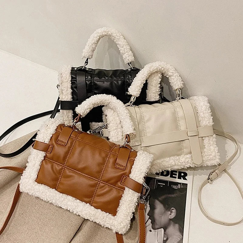 Quilted Lambswool Shoulder Bag Crossbody Messenger Purse