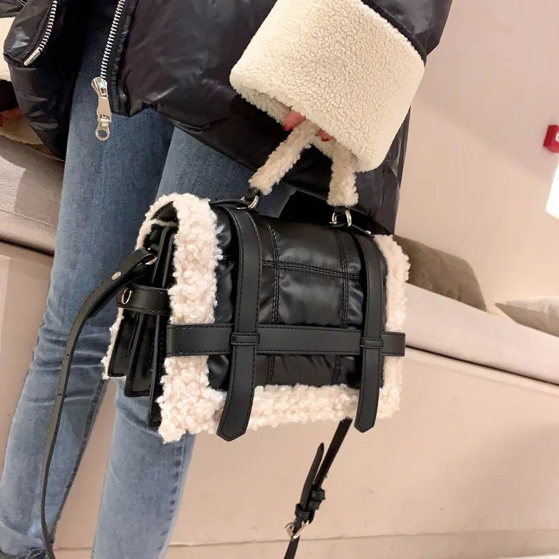Quilted Lambswool Shoulder Bag Crossbody Messenger Purse