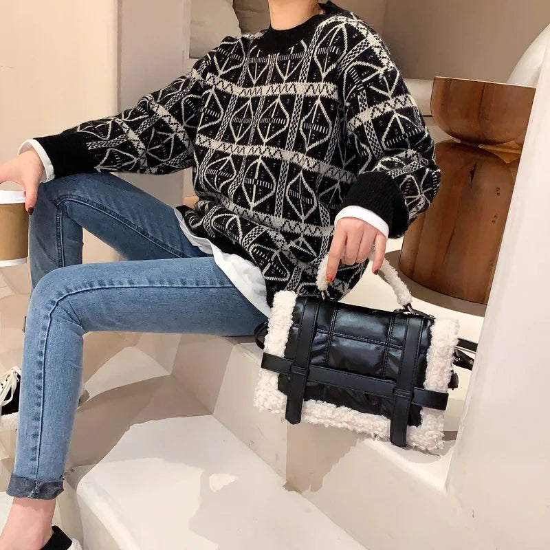 Quilted Lambswool Shoulder Bag Crossbody Messenger Purse