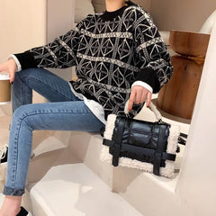 Quilted Lambswool Shoulder Bag Crossbody Messenger Purse