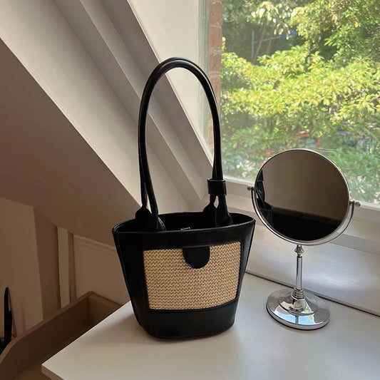 Niche Straw Bucket Bag Female Portable Retro Handbag