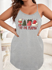 Plus Size Christmas Sexy Nightdress with Hat & Tree Print Cami Sleep Dress