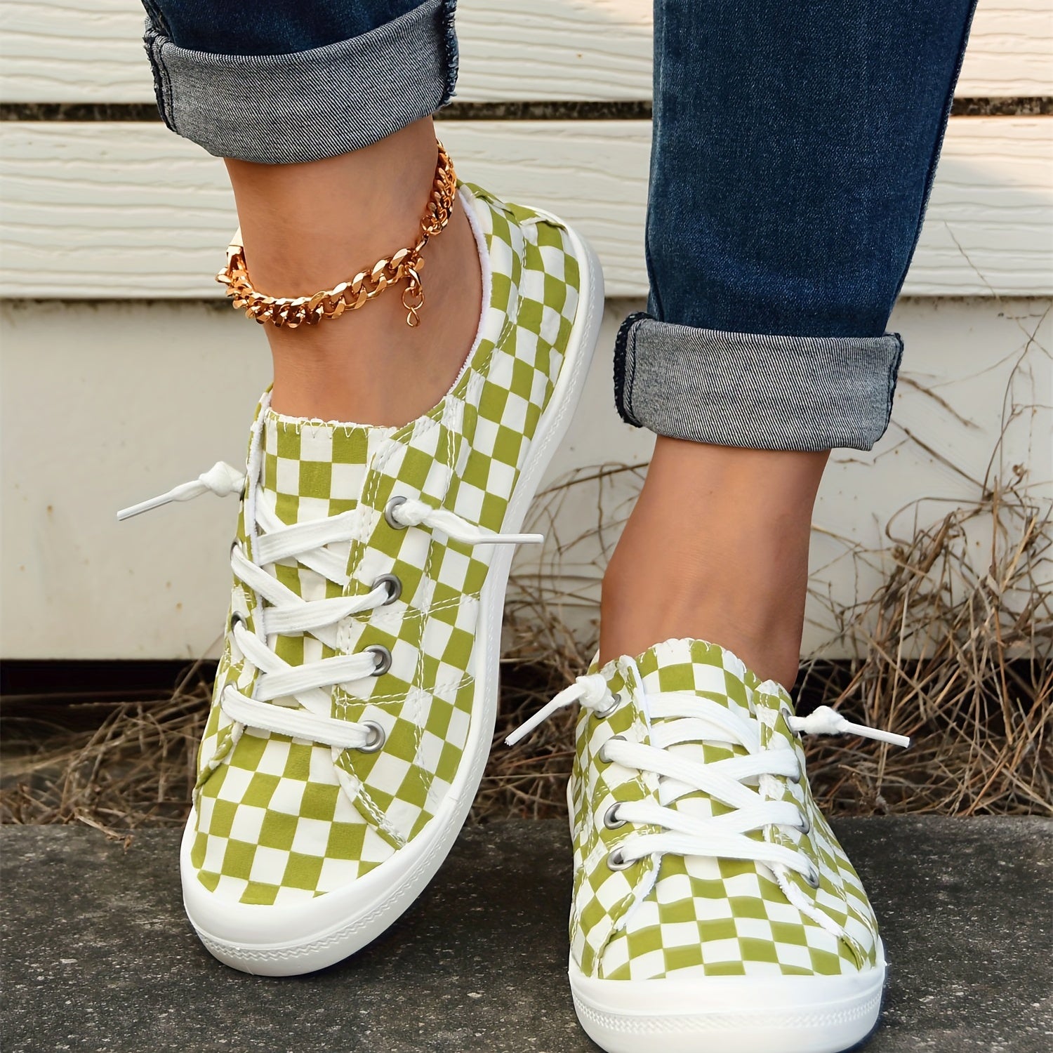 Green Checkerboard Walking Shoes Lace Up Casual Flat Sneakers