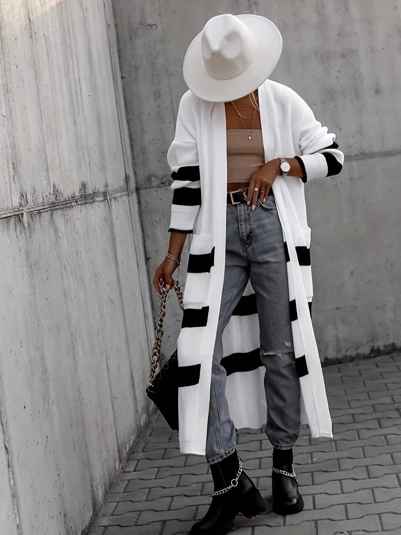 Women's Plus Size Striped Open Front Cardigan