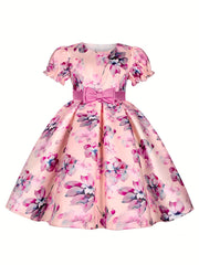 Floral Bowknot Puff Sleeves Princess Dress for Dance Party