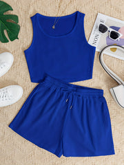 Solid Casual Two piece Set Sleeveless Crop Tank Top & Drawstring Waist Shorts