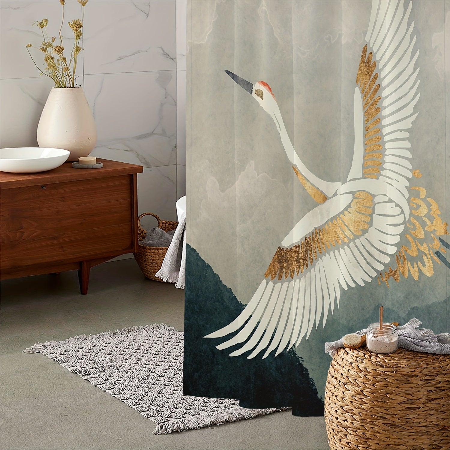 Crane Print Shower Curtain Waterproof Bath Curtain
