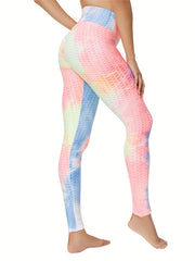Tie Dye Honeycomb Yoga Leggings High Stretchy Seersucker Fabric Sports Pants