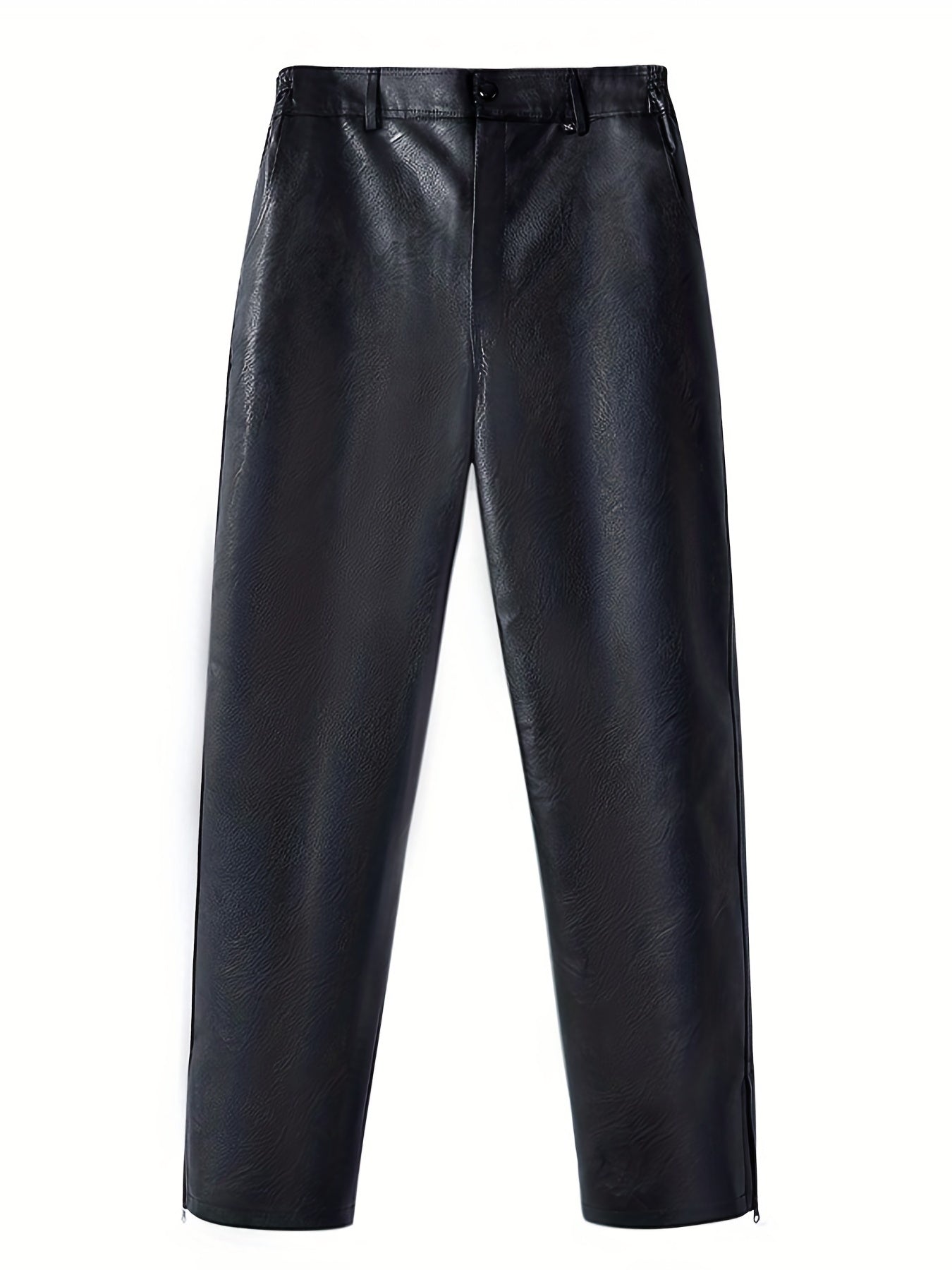 Men's Classic Fleece Pu Pants Straight Leg Solid Biker Faux Leather Pants