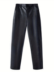 Men's Classic Fleece Pu Pants Straight Leg Solid Biker Faux Leather Pants
