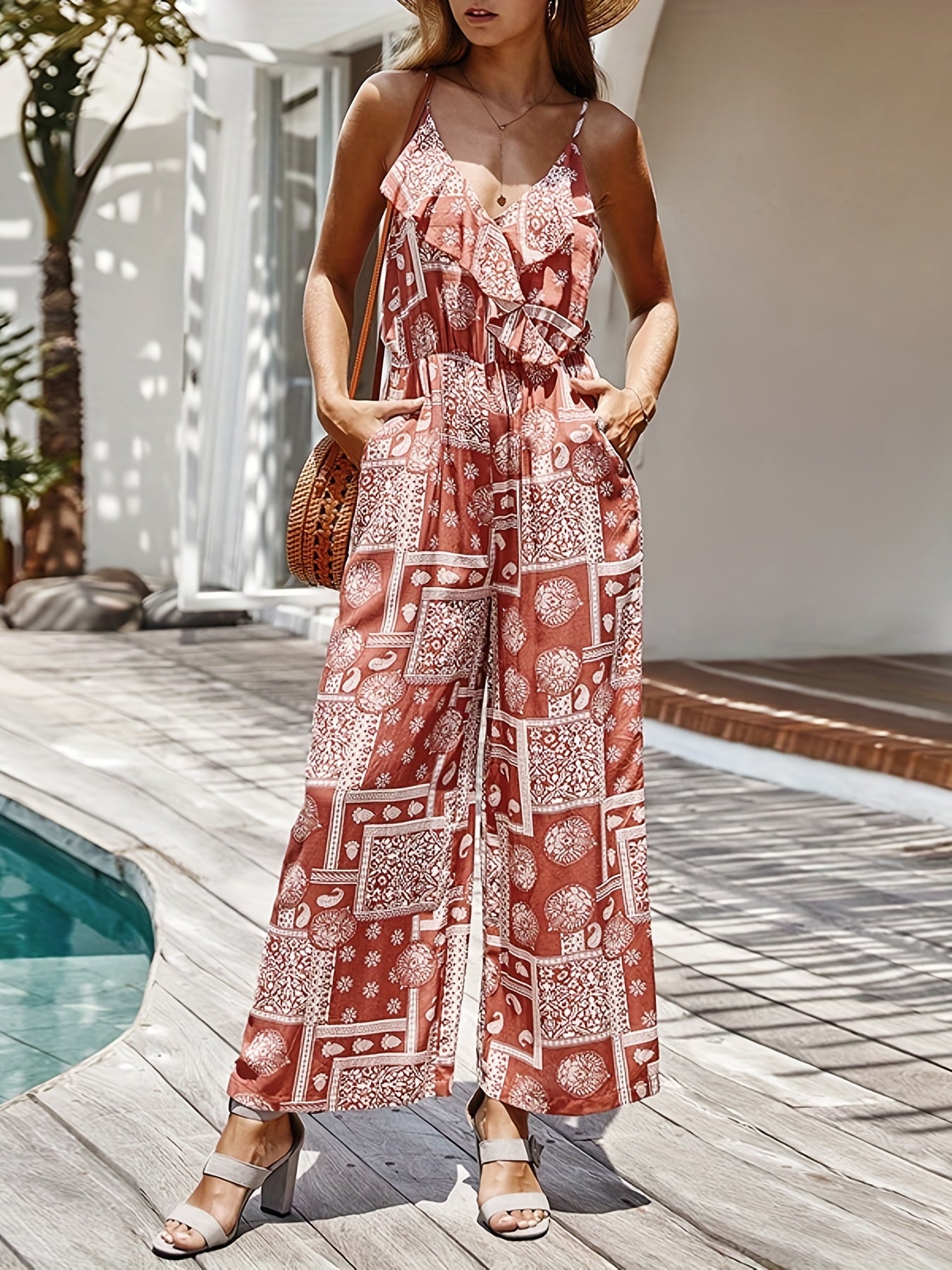 Patchwork Cami Jumpsuit Boho Paisley Print Sleeveless V Neck Ruffle Trim