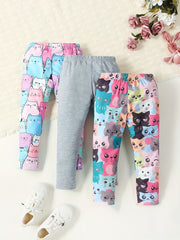 Girls' Kitty Print Comfy Casual Pants with Slight Stretch