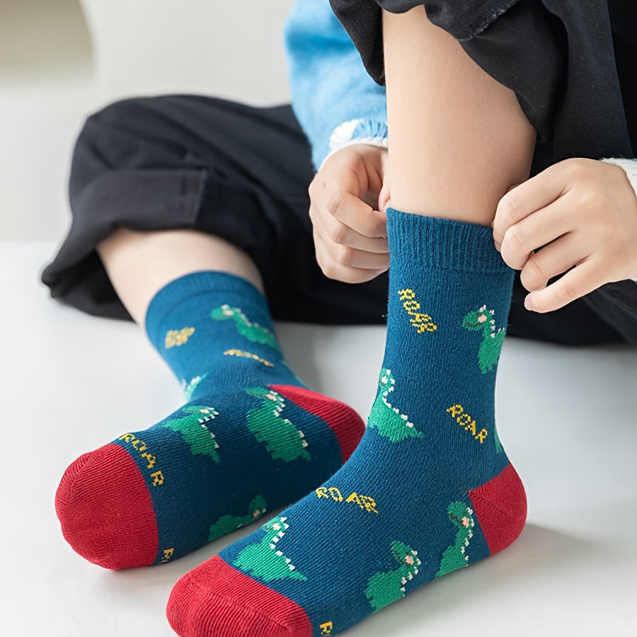 5 Pairs Boy's Dinosaur Cartoon Crew Socks Breathable Comfy Casual Style Unisex