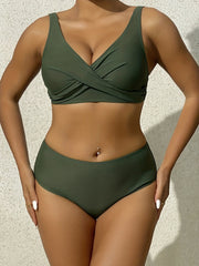 Green V Neck Bikini Set Ruched Back Buckle Backless High Cut Swimsuit