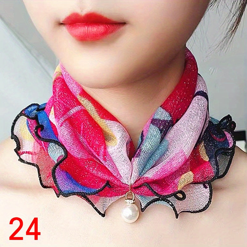 Breathable Lace Scarf with Faux Pearl Pendant