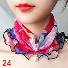 Breathable Lace Scarf with Faux Pearl Pendant