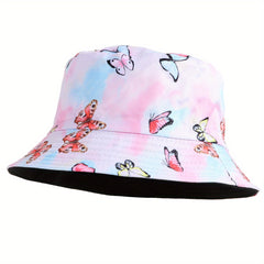 Pink Butterfly Bucket Hat Lightweight Tie Dye Sunscreen Fisherman Cap