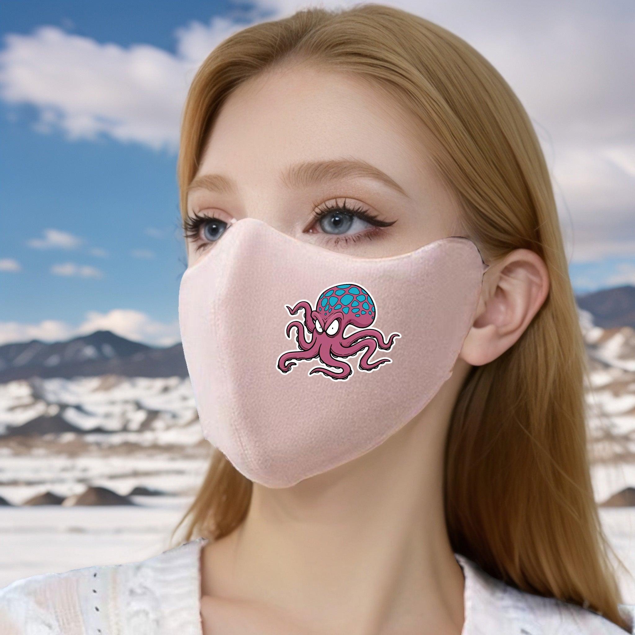 Angry Octopus 3D Fleece Lined Face Mask Pink Colorful Print