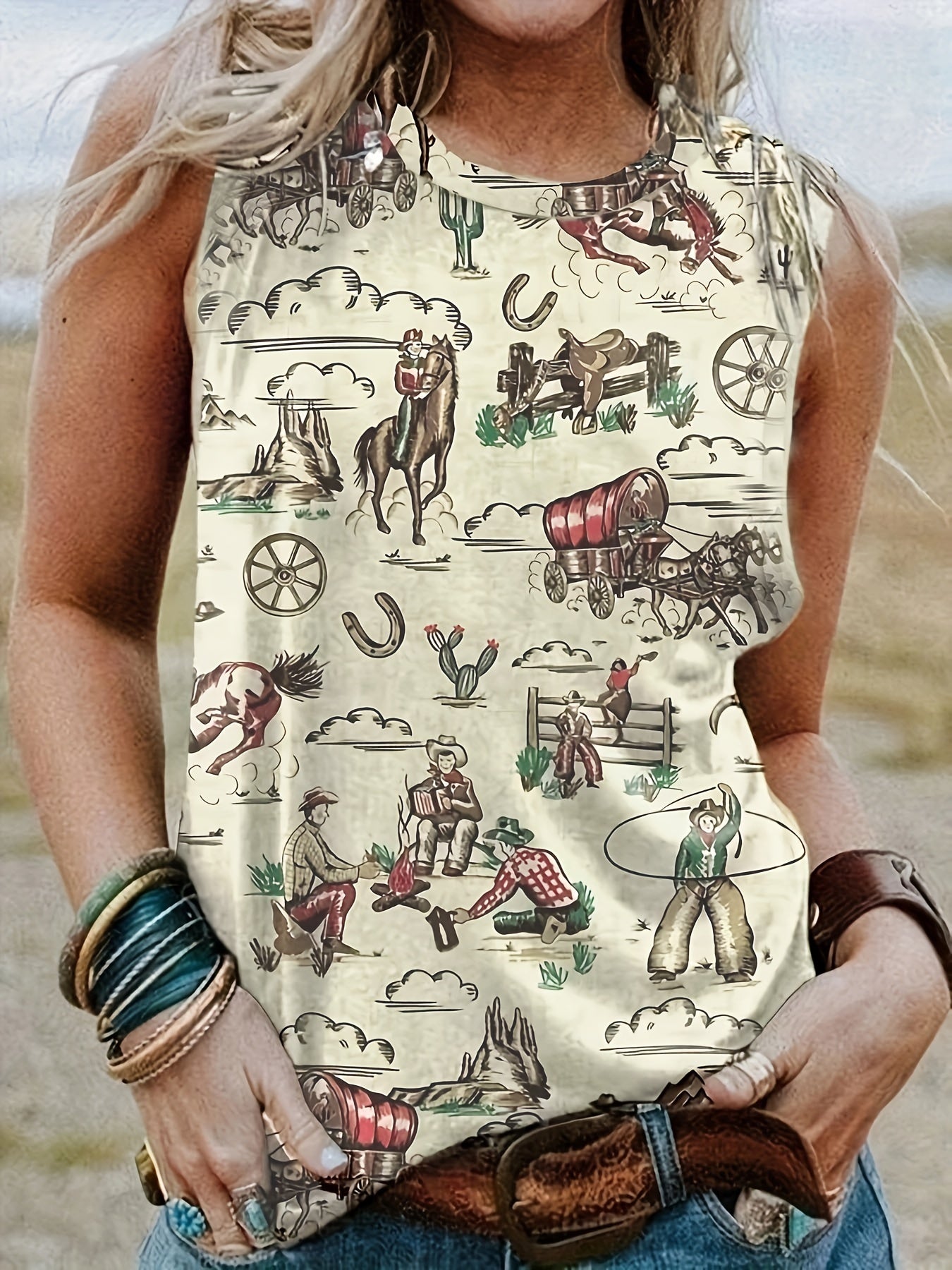 Western Style Cartoon Print Tank Top