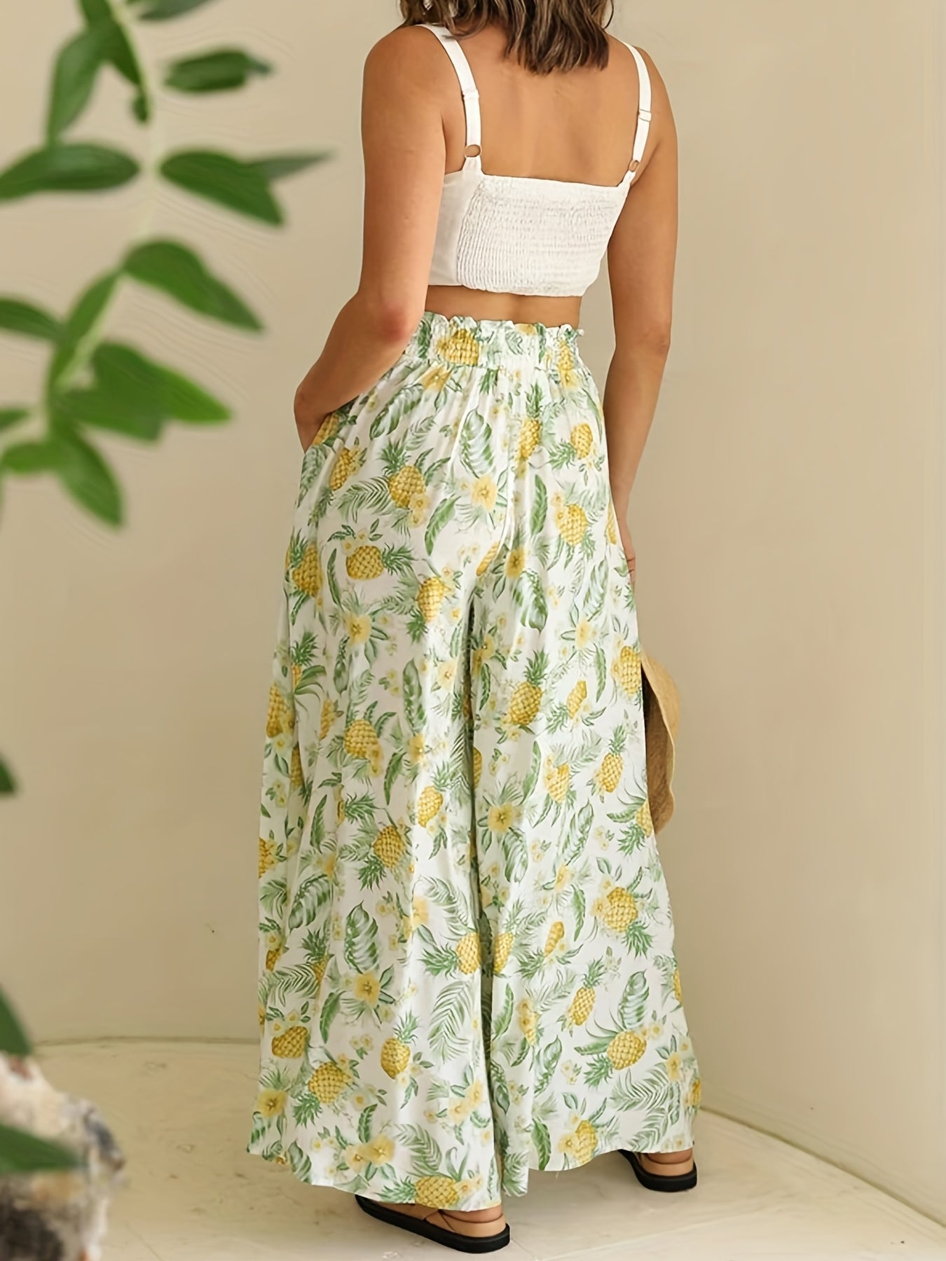Floral Print Drawstring Palazzo Pants Boho Vacation Elastic Waist Wide Leg Pants