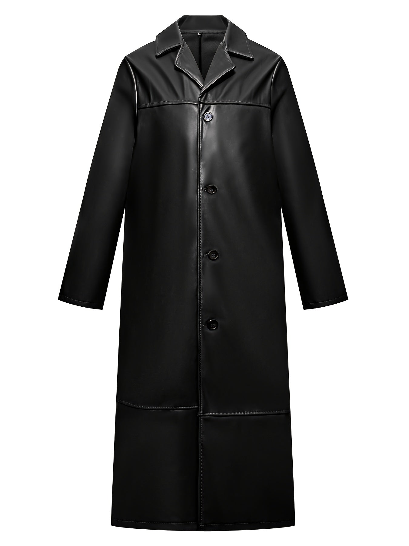 Men's Pu Overcoat Casual Lapel Stretch Button Up Faux Leather Long Coat