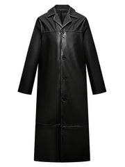 Men's Pu Overcoat Casual Lapel Stretch Button Up Faux Leather Long Coat