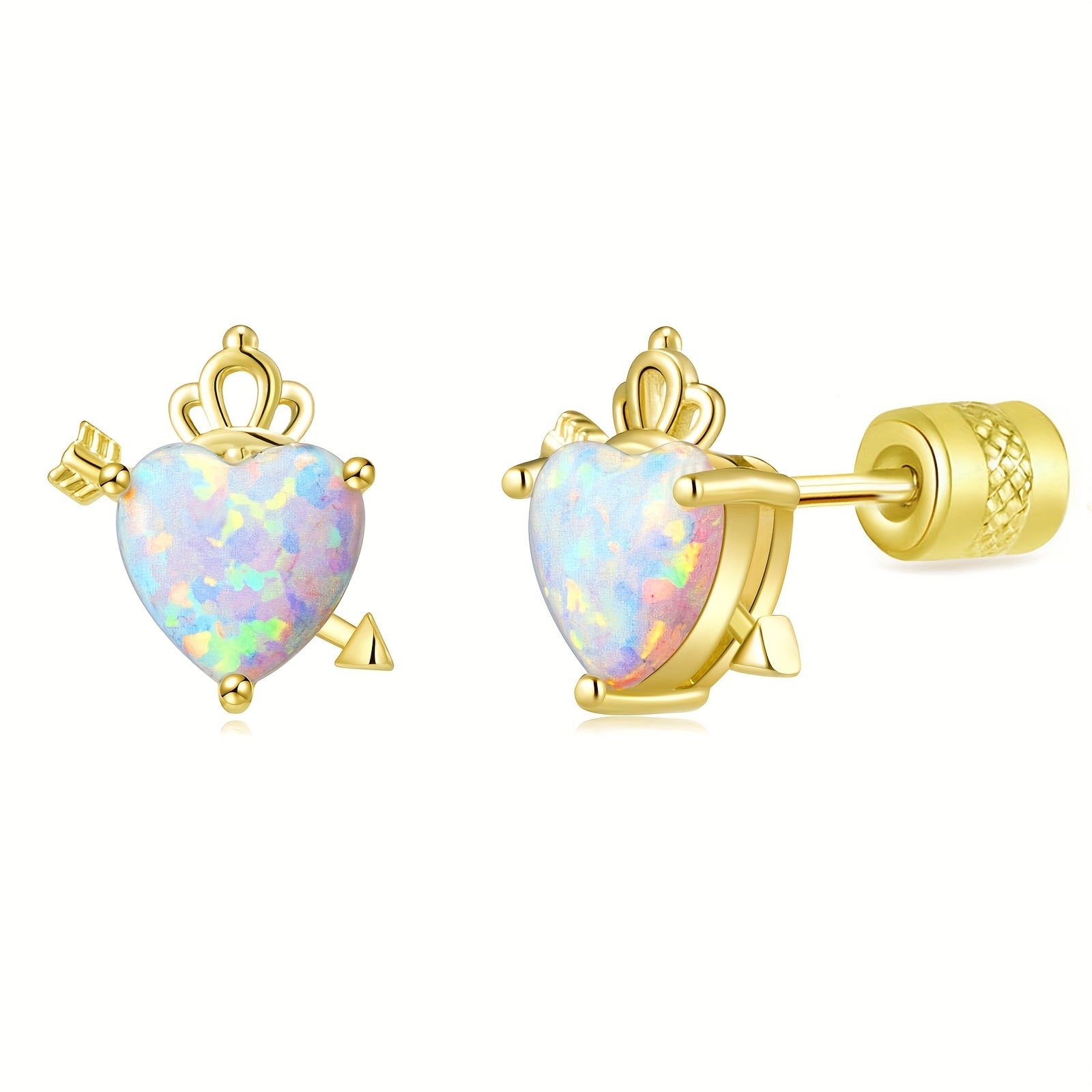 Heart Opal Crown Stud Earring Golden Mini Animal Earrings