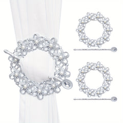 2pcs Flower Pattern Faux Pearl Curtain Tieback Curtain Holdback
