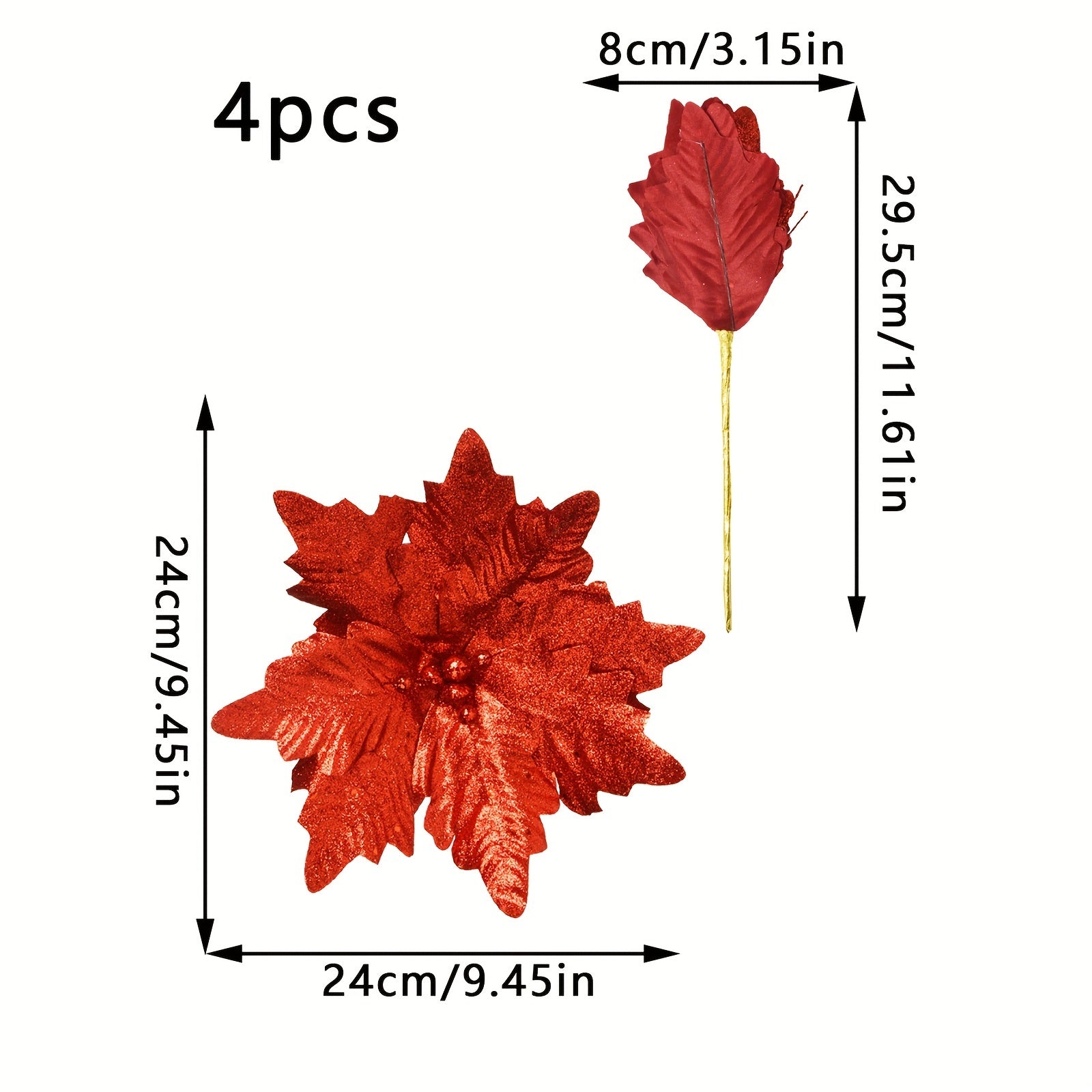 4pcs Christmas Flower Head - 24cm Artificial, Flashing Silvery Gold Brown