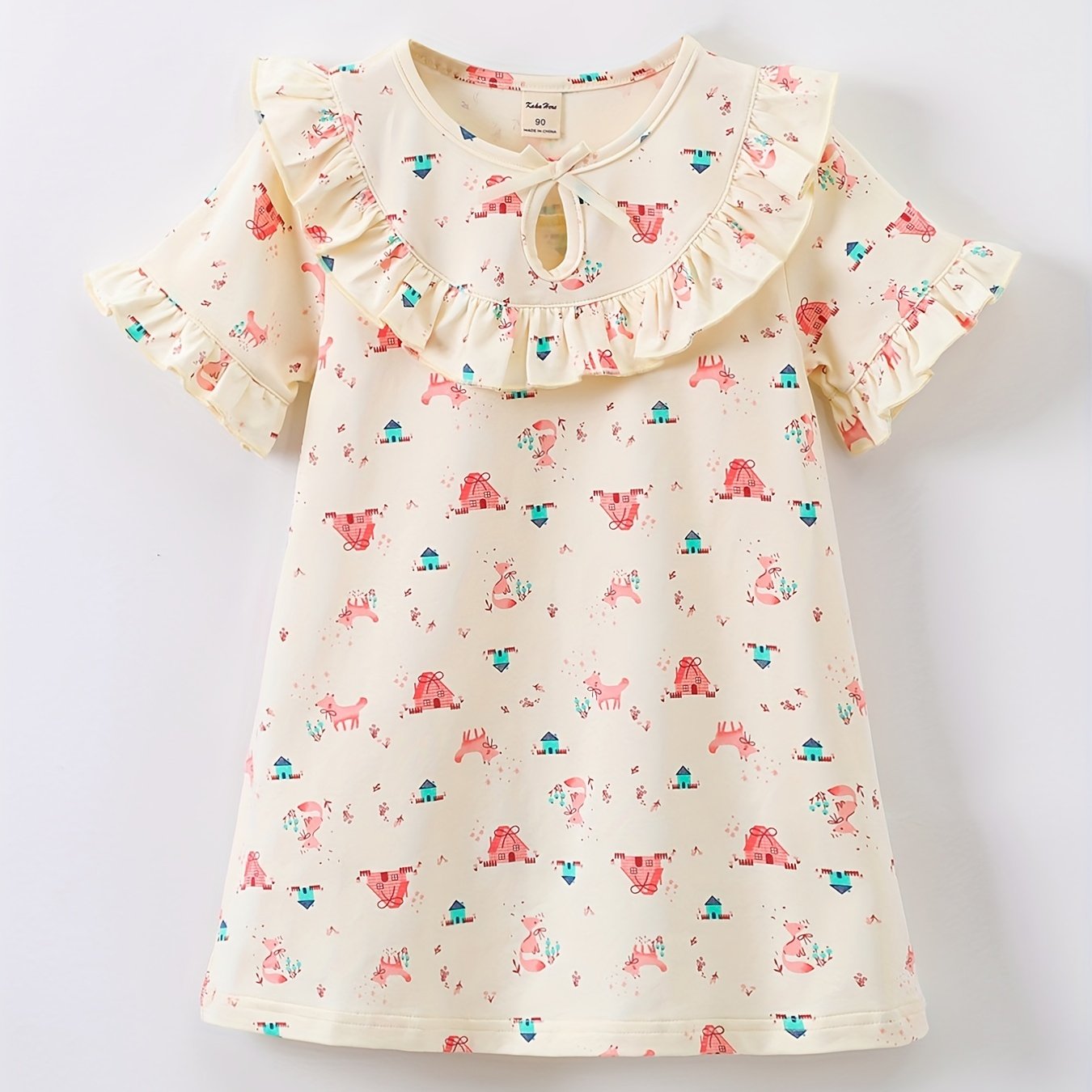 Toddler Girls Ruffle Trim Bow Puppy House Dress