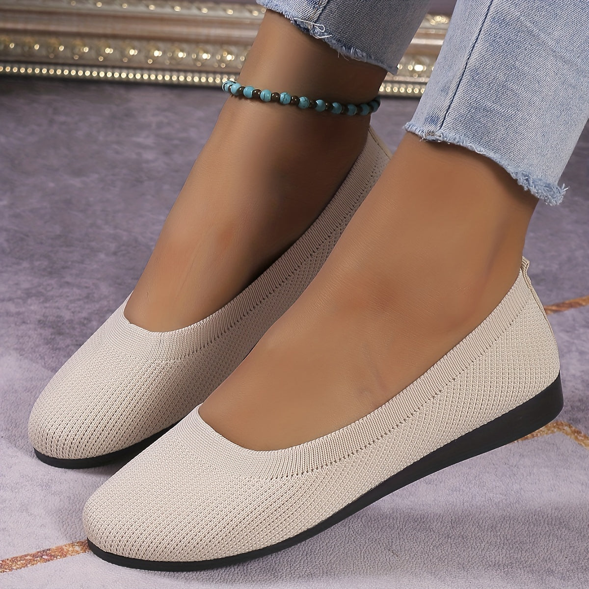 Women's Casual Knit Ballet Shoes Breathable Slip On Flat Shoes