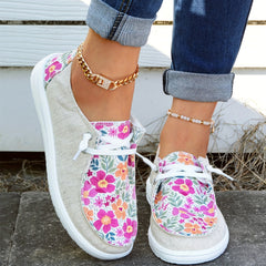Women's Flower Patchwork Boat Shoes Lace Up Casual Canvas Shoes