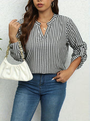 Gingham Print Long Sleeve Notched Neck Tunic Top