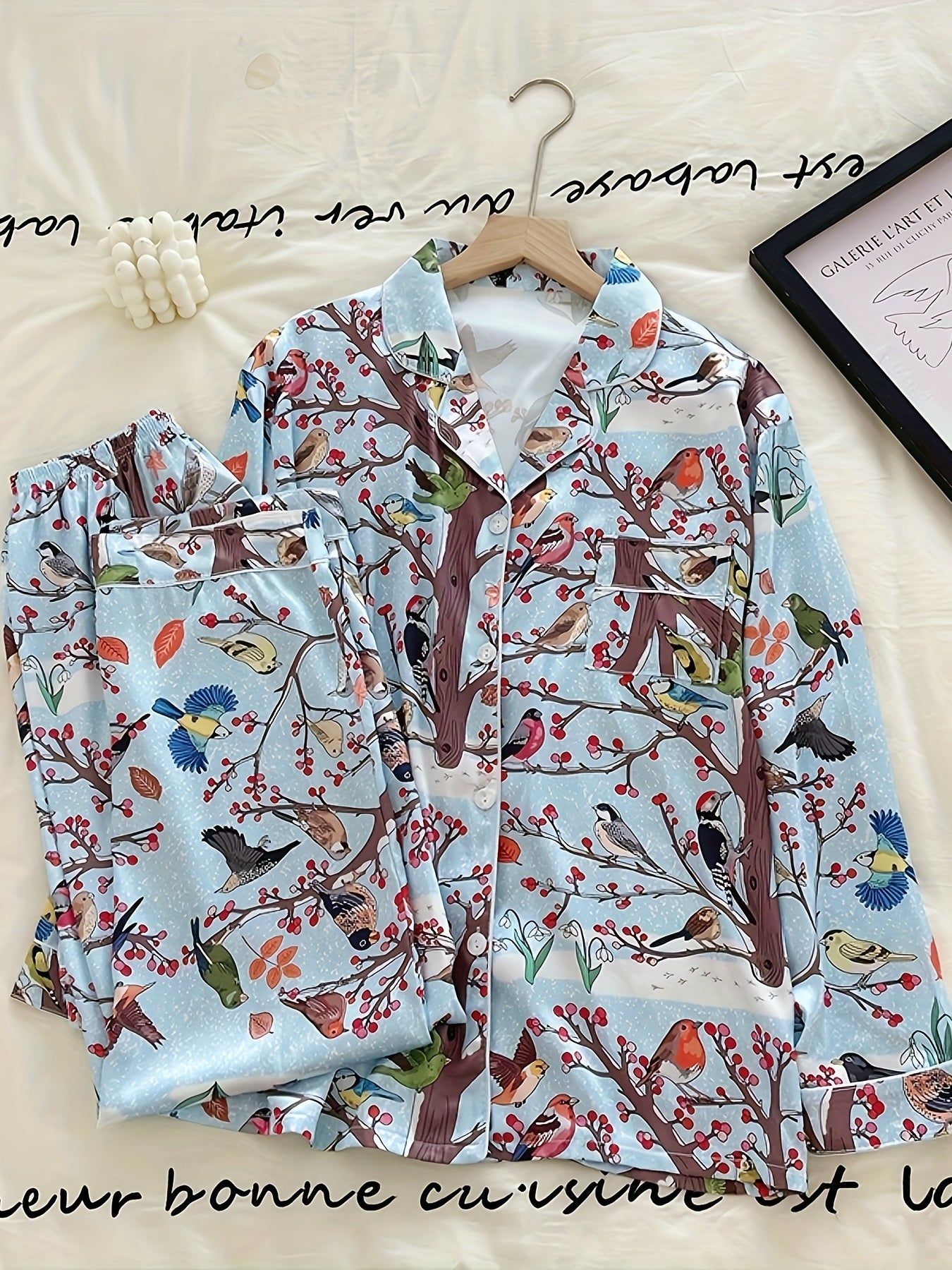 Floral Bird Print Pajama Set Long Sleeve Top & Pants