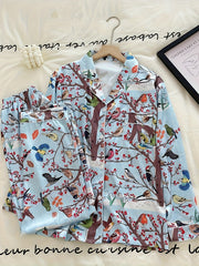 Floral Bird Print Pajama Set Long Sleeve Top & Pants