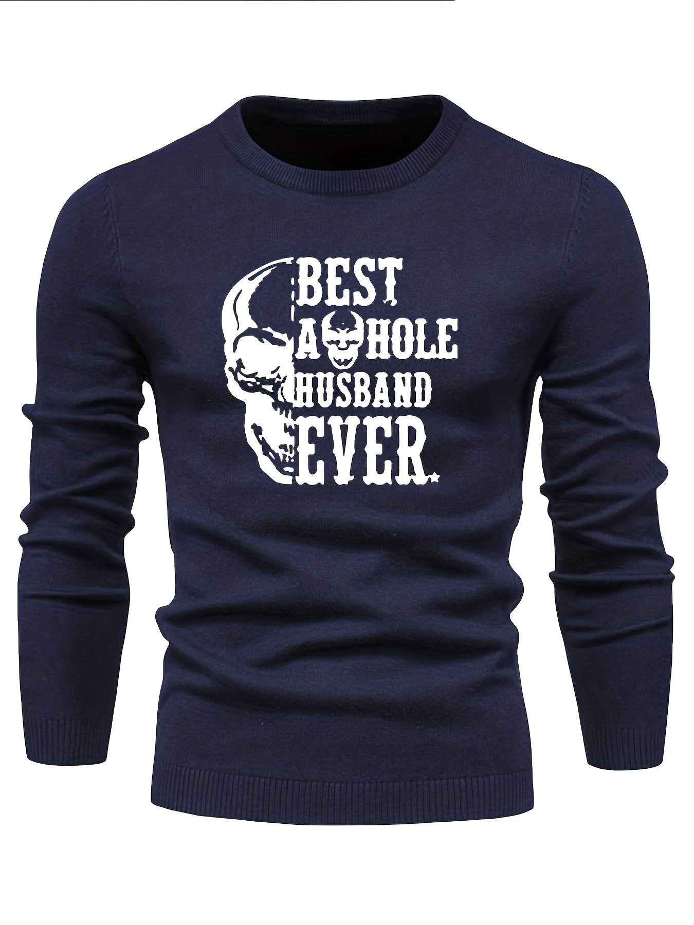 Skull & Letter Print Sweater Men's Casual Retro Style Mid Stretch Crew Neck Pull