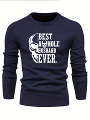 Skull & Letter Print Sweater Men's Casual Retro Style Mid Stretch Crew Neck Pull