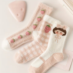 3 Pairs Strawberry Print Socks Women's Stockings