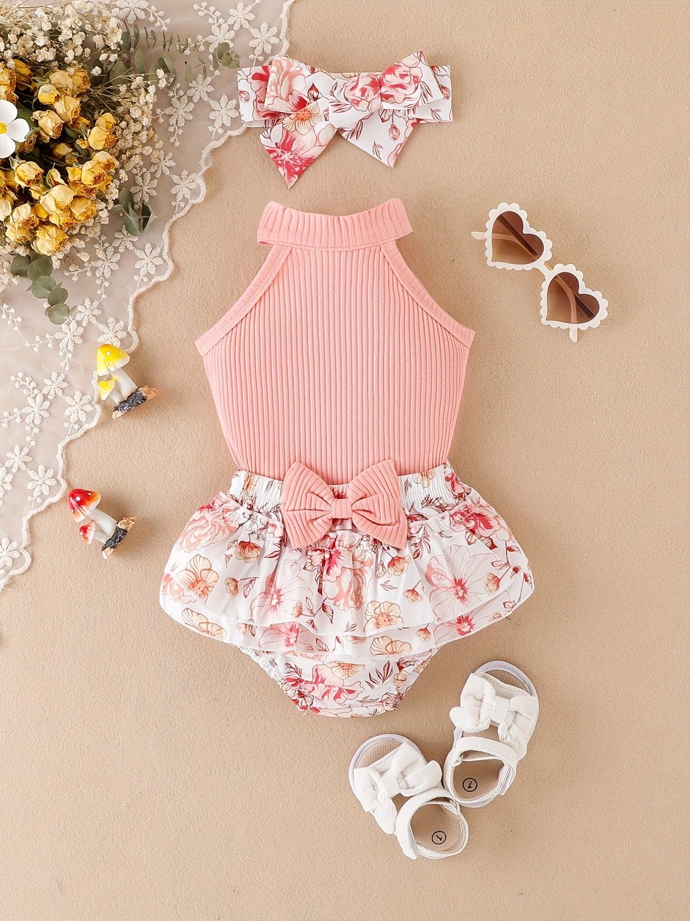 3pcs Baby Girls Casual Ribbed Knit Halter Top & Floral Bowknot Shorts Set