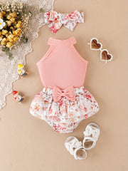 3pcs Baby Girls Casual Ribbed Knit Halter Top & Floral Bowknot Shorts Set