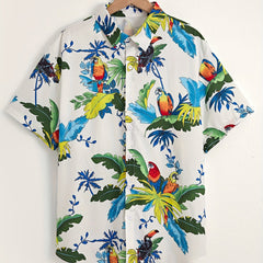 Leaves & Parrot Pattern Men's Short Sleeve Shirt for Summer