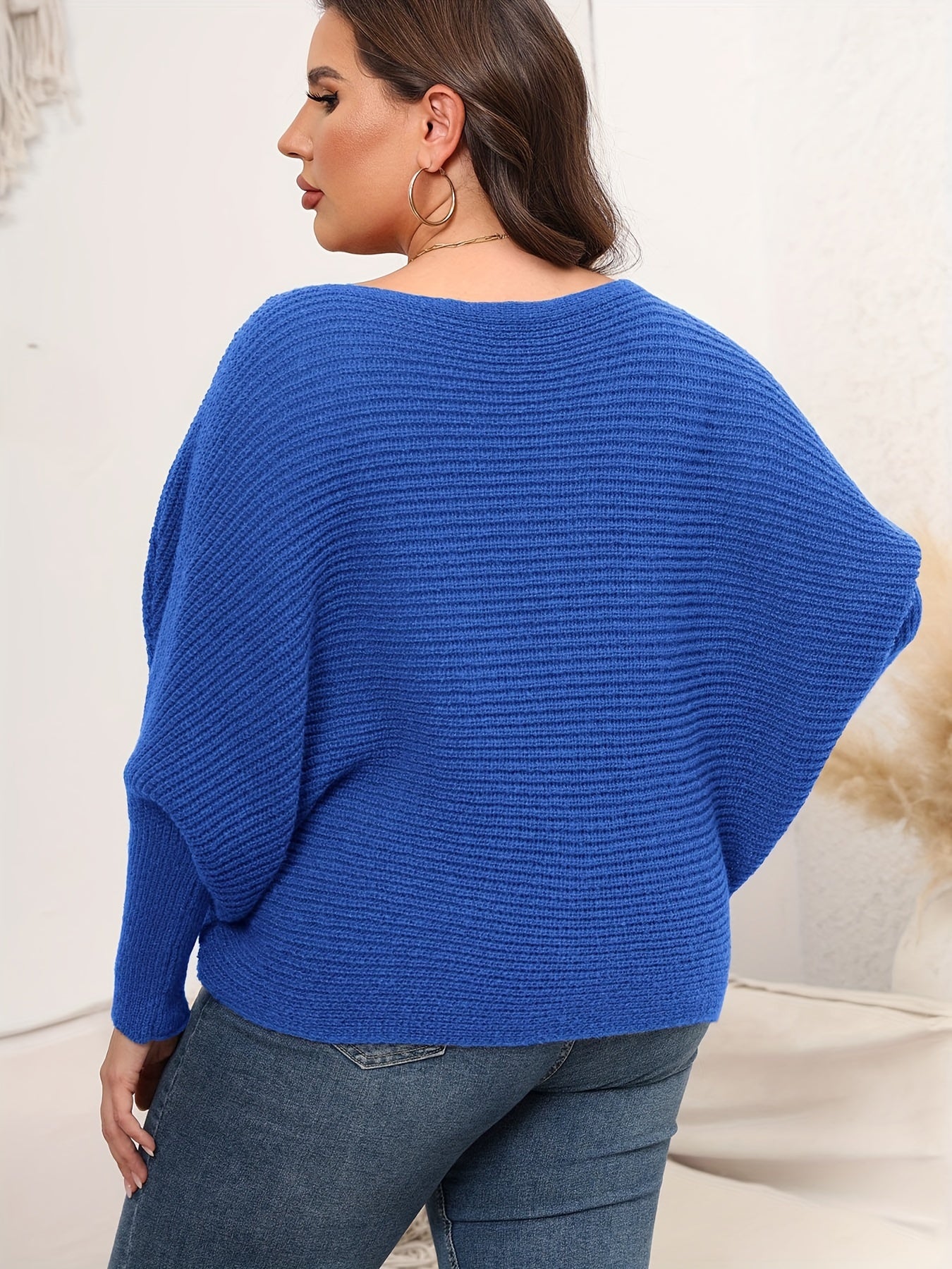 Solid Ribbed Batwing Sleeve Boat Neck Sweater