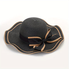 Ruffles Bow Sun Hat French Straw Beach Hat Travel Sunscreen Bucket Hats