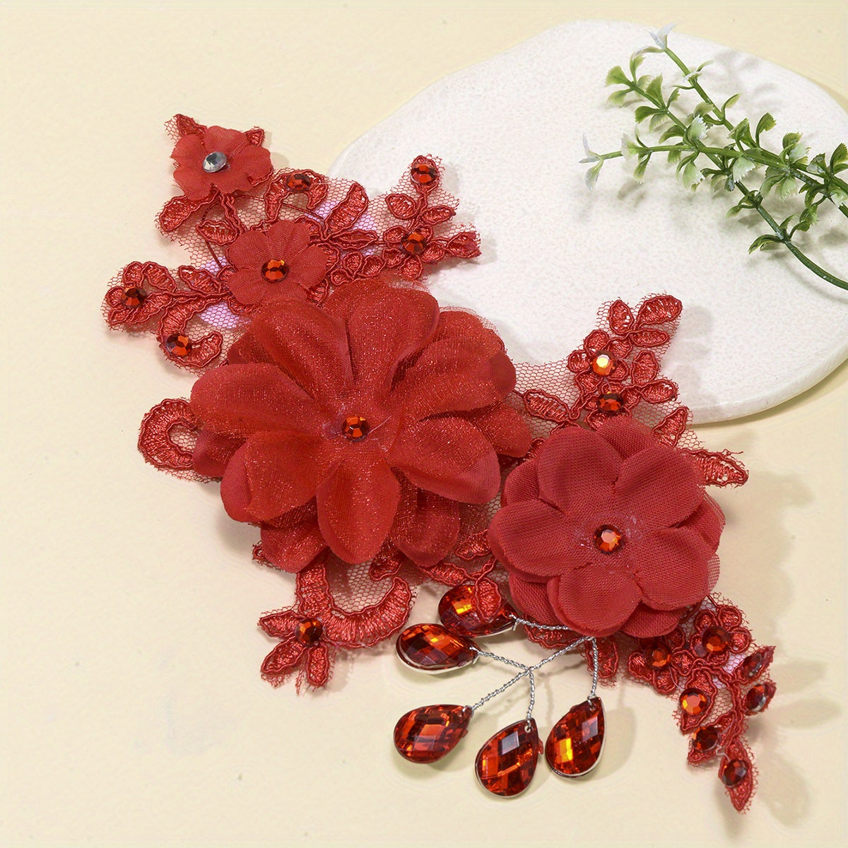 Red Flower Head Piece Rhinestone Bridal Hair Accessory