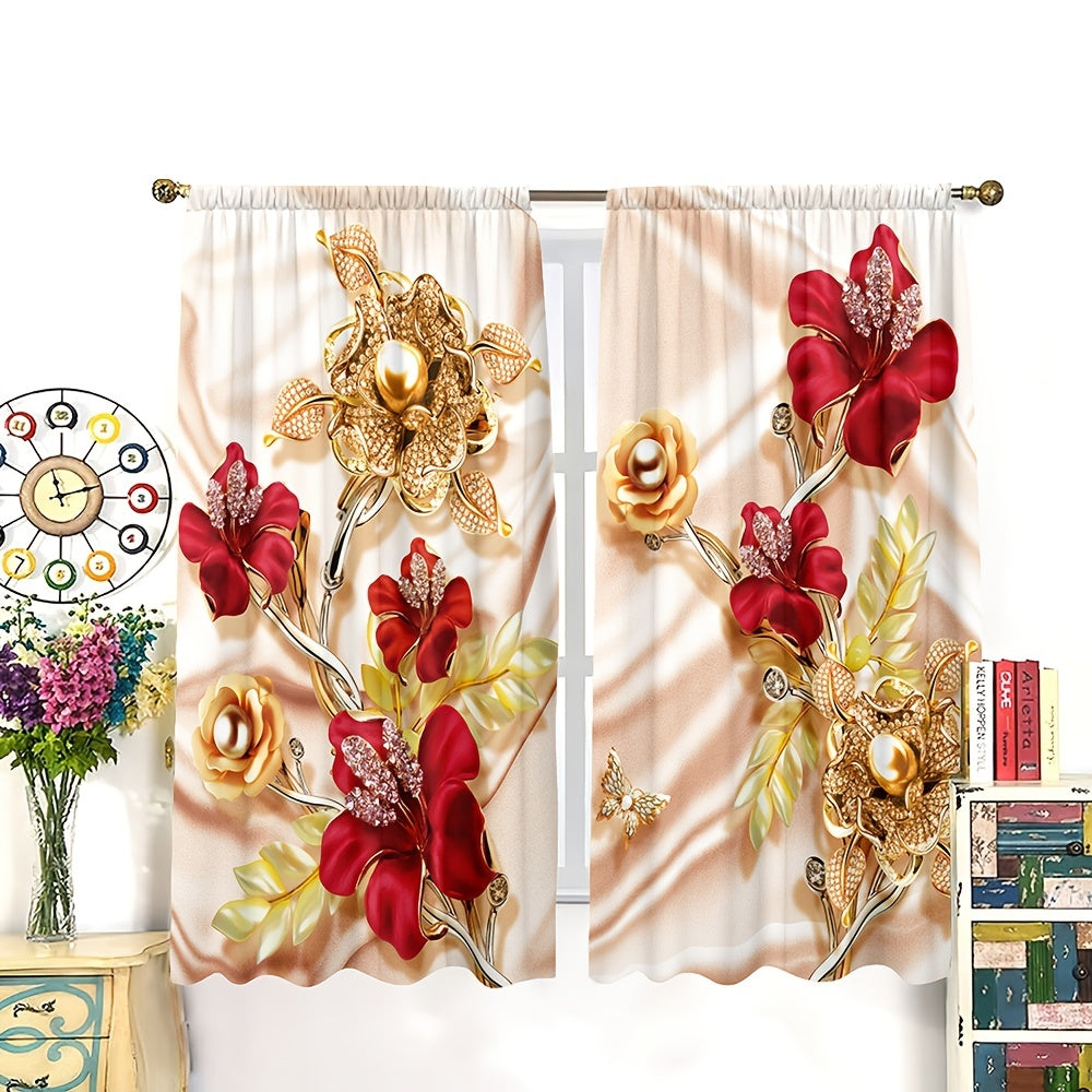 2pcs 3D Red Rose Flowers Curtain Golden Flowers Blackout Rod Pocket Curtain