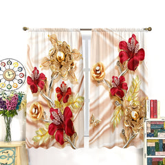 2pcs 3D Red Rose Flowers Curtain Golden Flowers Blackout Rod Pocket Curtain